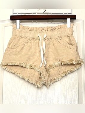 BDG Frankie Paperbag Micro Shorts Beige XS Linen Blend Raw Hem Beachwear Coastal